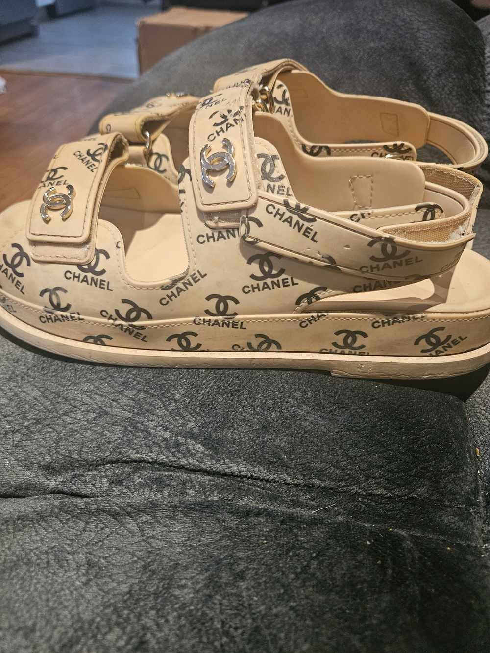 CHANEL Cream Beige Logo Strap Sandals with CC Hardware